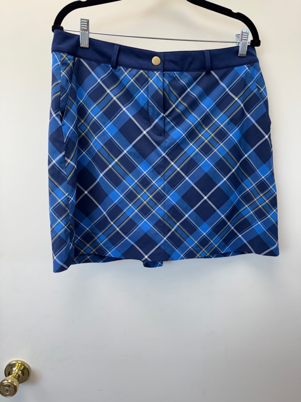 Lady Hagen Navy and Blue Plaid Golf Skort with Gold Accent